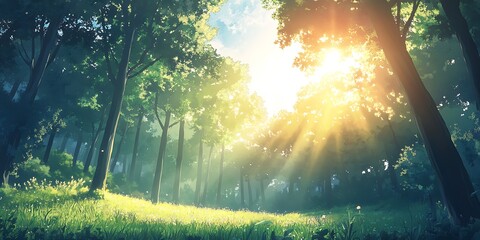 Wall Mural - Sunbeams through the Trees in a Lush Forest