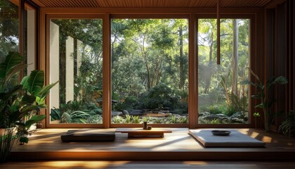 Tranquil interior design showcasing natural light and wood elements with lush greenery view