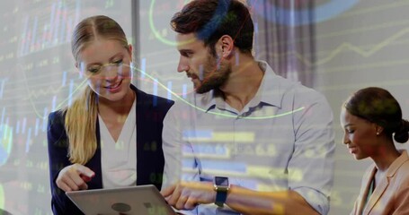 Poster - Animation of financial data processing over diverse business people in office