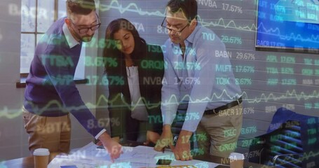 Poster - Animation of financial data processing over diverse business people in office