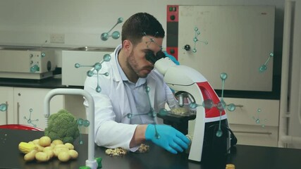 Poster - Animation of molecules and data processing over biracial male scientist in laboratory