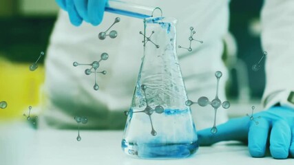 Poster - Animation of molecules and data processing over scientist with test tube in laboratory