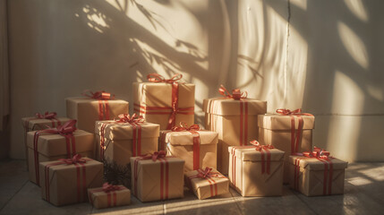 Christmas presents wrapped in brown ecological recycled paper with red ribbon