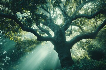 Poster - View of a tree with sunlight cascading through its dense foliage, creating a mystical and enchanting ambiance in the forest, emphasizing nature's beauty and tranquility.