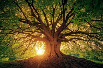 Poster - A grand, old tree in a forest, brilliantly illuminated by vibrant sunlight, with its roots prominently visible, showcasing the tree's age, grandeur, and connection to nature.
