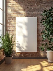 Sticker - Blank Canvas Mockup in Minimalist Room Interior with Sunlight and Brick Wall