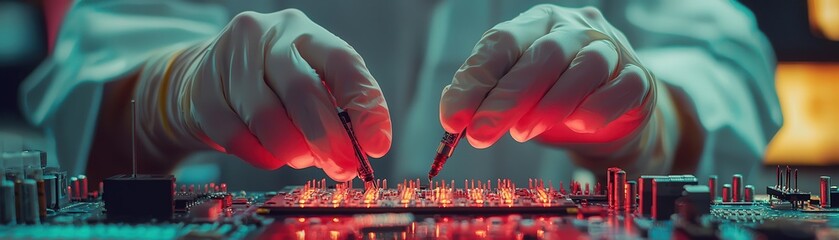 worker wearing gloves testing electronic components with specialized equipment, electronic testing, 