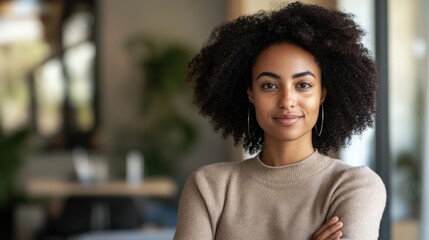 Wall Mural - Portrait of a Confident Woman with Curly Hair and a Warm Smile