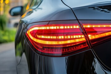 Modern car with taillight and rear lamp signals black metallic detail Turning signaling on street distance keeping function Trunk closeup