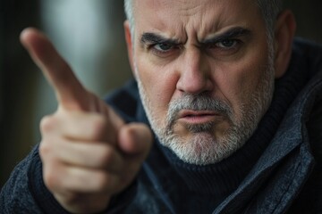 This image captures a middle-aged man with an intense look on his face, pointing his finger forward in a stern, angry and confrontational manner.