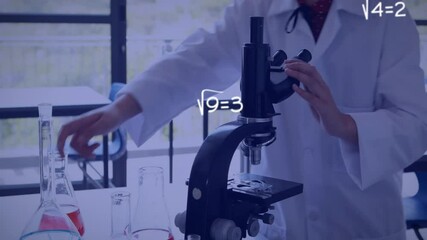 Poster - Animation of scientific data processing over caucasian girl scientist with microscope