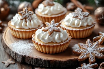 Canvas Print - Mont Blanc dessert with tartlets and gingerbread cookies on wooden board