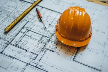 construction blueprint with safety helmet and tools for building projects and work planning
