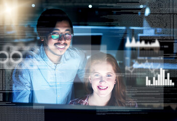 Leinwandbilder - Smile, people and coding overlay at night for web research, software programmer and digital interface. Staff, it and futuristic hub with dashboard programming, high tech and computing deadline