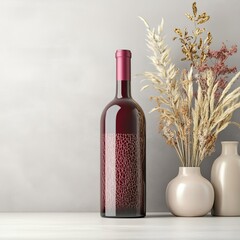 Wall Mural - Wine bottle, burgundy color with tannin patterns, elegant setting, 3D illustration