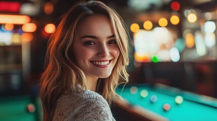 Lovely, cheerful woman approaches pool table with cue