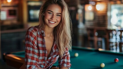 Lovely, cheerful woman approaches pool table with cue