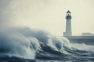 Aufkleber - A dramatic capture of stormy sea waves forcefully crashing against a lighthouse standing resilient on the rocky coastline under a cloudy sky.