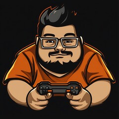 Cartoon gamer avatar with glasses playing video game with a gamepad