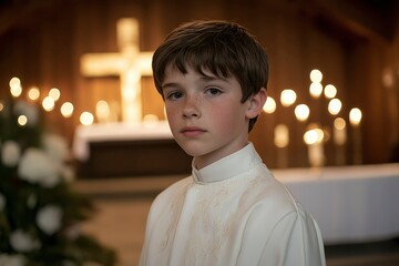 Boy in White Robe Looking at Camera in a Church