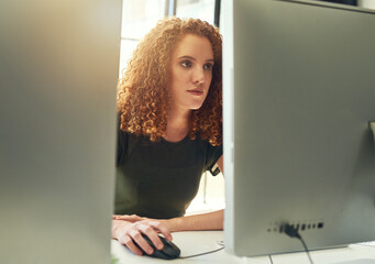 Poster - Computer, reading and woman in office with research for information technology with cloud computing. Desktop, database and female software developer with network security for system integration.