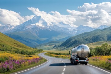 Wall Mural - Silver fuel truck transports on beautiful road