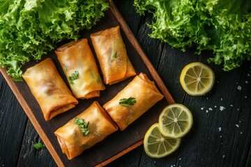 Sticker - Small spring rolls on cutting board on black worn surface with lettuce and lemon slices from above