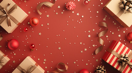 Wall Mural - Red christmas background with gifts and baubles