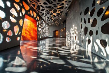 Aufkleber - A modern hallway featuring abstract patterns on the walls and floor, illuminated by natural light, creating an artistic and contemporary aesthetic space experience.
