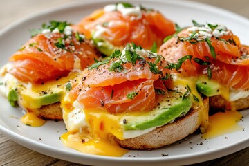 Poster - Smoked salmon Benedict with avocado on white dish and wooden table