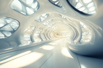 Poster - A striking image of a futuristic, sleek white interior passageway bathed in filtered sunlight, showcasing modern design and smooth curves with an airy, spacious ambiance.