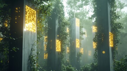 Wall Mural - Mysterious glowing windows in a dense forest. Sci fi, fantasy, surreal, digital art