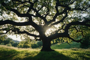 Poster - An expansive oak tree in a meadow, its grand silhouette beautifully framed by the glowing sunlight filtering through its foliage, evoking peace and timeless beauty.