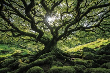 Aufkleber - Sun rays filter through a large, gnarled tree with widespread branches in a lush, green forest, creating a serene and awe-inspiring atmosphere of natural beauty.