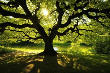 Poster - A large tree with verdant leaves spreads out over a sparkling lake, as sunbeams pierce through the branches, creating a picturesque and tranquil nature scene.