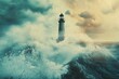 © ChaoticMind - A lighthouse stands tall amidst a stormy sea, with massive waves crashing against it, symbolizing resilience and guiding through turbulent times, captured in vivid detail.