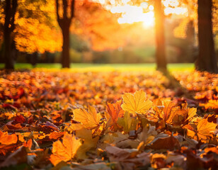 A close-up of fallen autumn leaves covering the ground in a park, with rich shades of orange