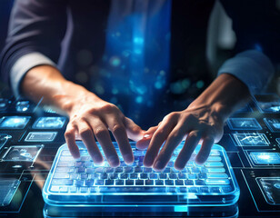 A close-up of hands typing on a futuristic transparent keyboard with holographic displays ho