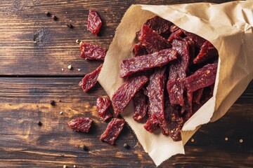 Sticker - Spicy beef jerky slices on wooden table viewed from top