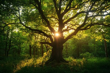 Aufkleber - A tranquil image of sunlight penetrating through the branches of a massive and majestic tree in a lush green forest, evoking serenity and the beauty of nature.