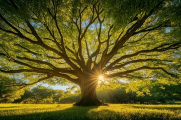 Poster - A beautiful, large tree with widespread branches stands majestically in a sunlit field as the sun's rays break through the foliage, casting a warm, golden glow all around.
