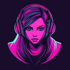 Wall Mural - Neon portrait of a female gamer with headphones. Cyberpunk, digital art, gaming culture.