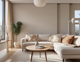 A contemporary living room characterized by its clean lines and soft neutral colours, promoting a calm and elegant environment.
