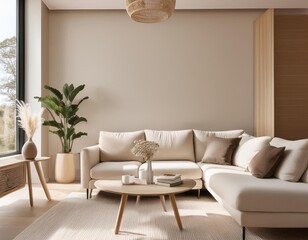 A contemporary living room characterized by its clean lines and soft neutral colours, promoting a calm and elegant environment.
