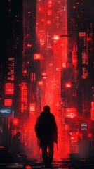 Wall Mural - shadowy figures of hackers illuminated by eerie red glow from laptop screens abstract digital symbols float in the background creating an atmosphere of cyber threat