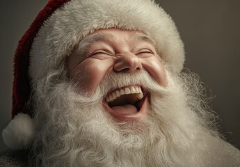 Wall Mural - A close-up Santa Claus laughing heartily, with his white beard flowing down to the side and visible teeth. The background is a neutral gray, creating an atmosphere that highlights Santa's joy