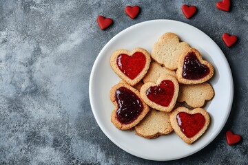 Poster - Valentine s Day spicy shortbread cookies with heart shaped jam on white plate flat lay