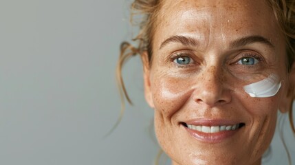 Confident woman enjoying her skincare routine with an anti-aging moisturizer, showcasing healthy skin and self-care in a neutral studio backdrop