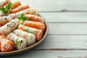 Wall Mural - Variety of spring rolls on white table closeup Room for text