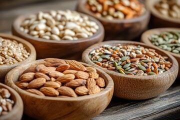 Canvas Print - Various nuts seeds in wooden bowls healthy food backdrop